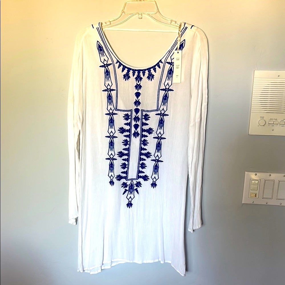 White and Blue Embroidered Swim Coverup
